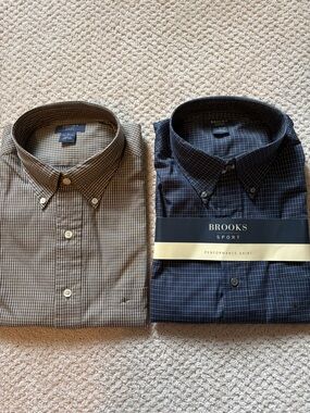 Brooks Sport Men's Performance Button-Down Shirt - Navy Plaid and Brown Plaid